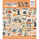 Halloween collage cutouts packaging with various designs on an orange background