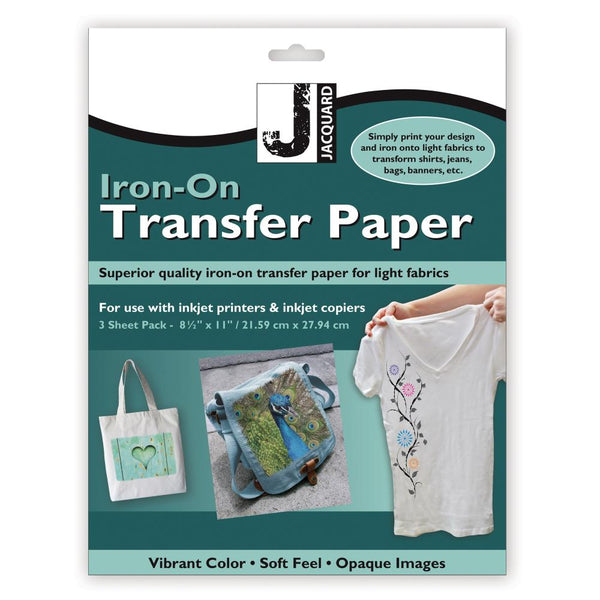 Jacquard Iron-On Transfer Paper packaging with images of products made using transfer paper.