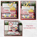 Two birthday cards with popcorn design and a third card open on a white background.