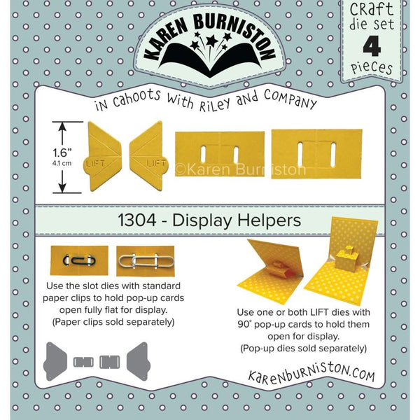 Karen Burniston craft die set packaging with yellow display helpers on a blue background