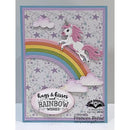 Card with a unicorn and rainbow design on a gray background