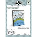 Card with curved edges die set by Karen Burniston on a branded packaging background