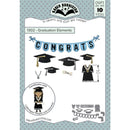 Graduation-themed craft die set packaging with 'Congrats' banner and graduation caps on a blue polka dot background.