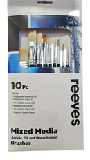 Reeves Mixed Media Brushes Short Handle Set of 10 - No. 2, 3 & 6 Round; No. 6, 8 & 10 Flat; No. 4 Filbert; 30mm Spalter