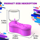 Purple pet feeder with clear container and measurements on a colorful background