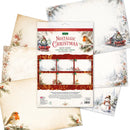 A package of Nostalgic Christmas Insert Papers shown with several sample insert sheets fanned out behind it. The packaging features red holiday lettering and vintage train illustrations, while the sample sheets display snowy winter scenes, pine branches, robins, and a snowman on aged cream paper stock.
