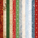 A vertical striped patterned fabric or wallpaper design featuring vintage holiday stamps, snowflakes, floral motifs, and ornate gold scrollwork in red, green, cream, light blue, and navy tones.