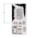 A sheet of clear acrylic or rubber stamp designs with black engraved-style lettering and graphic elements, shown on a white background with a green height measurement marker reading 123mm.