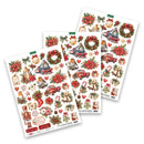 Three sheets of Christmas-themed decoupage paper featuring vintage illustrations of Santa Claus, a steam locomotive, wreaths, poinsettias, candy canes, gifts, and ornaments, arranged on a white background.