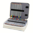 Set of colored pencils in a gray case on a white background
