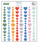 Colorful heart and circle stickers by ordinary JOYS on a white background