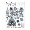 A sheet of decorative scrapbooking or craft paper featuring black and white Christmas-themed illustrations, including a nutcracker, Christmas tree, ornaments, candles, roses, and the large text 'Quarter Designs' across the center.