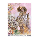 A square decorative paper card or scrapbook paper featuring an artistic illustration of a woman in profile surrounded by flowers, with a butterfly and the word 'Quarter' across the center. The design has a soft pink and lavender watercolor background with floral clusters along the left side.