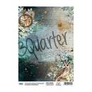 A sheet of 3 Quarter Designs rice paper from their Royal Enchanted collection, featuring a vintage-style collage design with a pocket watch, owl, flowers, handwritten script, and gold glitter accents.