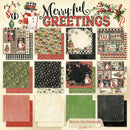 A collage of multiple Christmas-themed graphic paper designs with festive patterns such as snowmen, plaid, snowflakes, holiday trees, ornaments, and red-and-white greeting text reading 'Merry-ful Greetings' on a cream background.