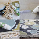 A four-panel collage showing a FABRIC glue stick repair tool being used to mend a fringed textile. The panels show the white glue stick applicator labeled 'FABRICFUSION' applied to a frayed edge of a patterned rug or blanket with cream fringe.