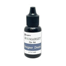 A bottle of Ranger 49 Color Market Designer Denim dye ink, featuring a black bottle, black dropper cap, and a white label with a blue-gray accent band.