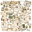 A sheet of vintage-themed scrapbooking paper featuring various illustrated frames, postcards, envelopes, labels, and hot air balloon motifs in muted beige, green, and brown tones.