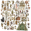 A sheet of vintage-style illustrated stickers or decals featuring whimsical woodland and cottage scenes, including houses, a windmill, animals, flowers, hearts, and small decorative objects, all arranged on a plain white background.