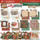 A collage showing multiple Christmas-themed scrapbook paper designs and embellishments from the 'Jolly Jingles' 12 x 12 collection pack by Dennis Butter Collection. The designs feature vintage holiday illustrations, plaid patterns, Christmas numbers, candy canes, ornaments, and a festive village scene with Santa Claus.