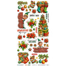 A festive Christmas-themed transfer sheet featuring illustrated elves, stockings, ornaments, gifts, wreaths, pine branches, and holiday phrases such as 'Jingle all the way,' 'Unwrapping the joy,' and 'Fa La La,' shown on a white background.
