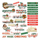 A sheet of Christmas-themed decorative stickers or digital clipart on a white background, featuring phrases like 'Merry Christmas,' 'Joy Magic Christmas,' 'Believe in the Magic,' ornaments, bells, Santa, and holiday greetings in red, green, gold, and black.