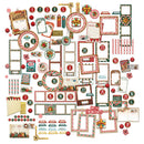 A flat-lay collection of 24 Christmas-themed scrapbooking paper templates and embellishments, featuring red, green, and white holiday patterns, candy cane borders, numbered frames, and festive labels.
