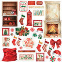 A collage of Christmas-themed decorative graphics and stickers, including stockings, gifts, candy canes, a fireplace, a red stocking, a nutcracker, a red bag, bows, signs reading 'JOY', 'NOEL', 'MERRY CHRISTMAS', and 'Oh What Fun!', arranged on a white background.