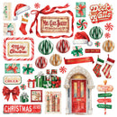 A Christmas-themed collage of vintage watercolor illustrations, including stockings, candy canes, ornaments, wrapped gifts, signs, a red Santa hat, a red door, and holiday text such as 'Merry Christmas' and 'Deck the Halls'.