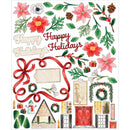 A sheet of watercolor Christmas-themed stickers or decals on a white background, featuring red bows, poinsettias, holly, gift boxes, a house, a red door, and the words 'Happy Holidays' in script.