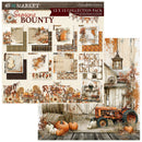 A collage preview of a fall-themed scrapbook paper collection pack titled '49th & Market Season's Bounty 12 x 12 Collection Pack.' The design shows multiple autumn paper sheets, banners, and coordinating rustic farm illustrations including a barn, tractor, pumpkins, hay bales, and fall foliage.