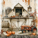 A rustic autumn barn scene with a weathered cream barn, silo, hay bales, pumpkins, and an orange tractor in the foreground.