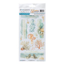 A package of 49% The Market 'Jewel Dream Collection' rub-on transfers featuring watercolor designs of coral, seashells, a pier, and lace borders in soft teal, orange, and beige tones.
