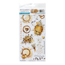 A packaged clear stamp set from 49 Market's 'A Honey Bee Collection' featuring coffee-themed designs like coffee rings, splatters, honeycomb patterns, and coffee beans on a white background.
