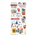 A sheet of decorative transfer stickers from Mouse & Co. featuring Disney characters like Mickey Mouse, Minnie Mouse, and Pluto, along with colorful balloons, teacups, hearts, stars, and phrases such as 'happiest place on earth' and 'magic'.