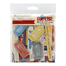 Mouse & Co. 49th Market Chipboard Elements Samples pack, featuring a variety of vintage-style ticket and label chipboard pieces in blue, red, yellow, and beige, packaged in a clear plastic bag with a white header.