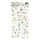 A sheet of decorative stamp designs featuring watercolor-style illustrations of birds, flowers, butterflies, leaves, and script text on a white background. The sheet includes branding for 'The Market' and 'The Quiet Observer' with the title 'The Quiet Observer' prominently displayed.