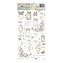 A sheet of 47 Art Market 'Nature's Story' stamp designs featuring botanical and nature illustrations like mason jars, butterflies, birds, ferns, and handwritten text in a muted green and gray palette.