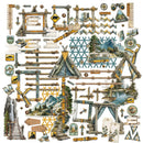 A sheet of rustic camping-themed scrapbook or craft stickers arranged on a white background, featuring tents, mountains, lakes, cabins, wooden structures, compasses, and outdoor signs.