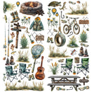 A collection of illustrated outdoor and camping-themed graphics on a white background, including a fire pit, bicycle, fishing rod, camp chairs, guitar, picnic table, boots, flowers, rocks, and small signs.