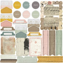 Collection of vintage-style paper elements with text and decorative patterns.