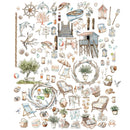 A collection of nautical beach-themed illustrations and decorative motifs arranged on a white background, including chairs, umbrellas, seashells, starfish, driftwood wreaths, a small cabin, boats, dolphins, and beach accessories.