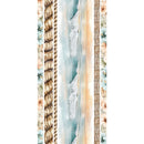 A vertical decorative strip featuring a beach scene with turquoise water, pale sand, rope texture, woven reeds, and floral accents on both sides.