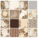 A 4x4 grid showing 16 different scrapbook paper designs with autumn and vintage themes, including sunflowers, brick textures, floral frames, and neutral beige backgrounds.
