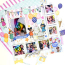 Collection of birthday-themed stickers with children, balloons, and cake on a white background.