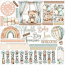 A baby-themed scrapbook or craft paper kit featuring watercolor illustrations of a teddy bear, a rainbow, a hot air balloon, a wheel, blocks, banners, and cute animal characters, with text such as 'Alorable Baby Treasure Welcome' and 'Love Little Ones Journey'.