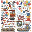A Disney-themed decorative graphic sheet featuring Mickey and Minnie Mouse, balloons, hearts, stars, teacups, a popcorn cart, a trolley, storefronts, and phrases like 'Pirate Magic,' 'Best Day Ever,' 'Rope Drop!,' and 'Main Street USA' on a white background.