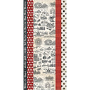 A vertical stack of patterned paper or fabric strips with red, white, black, and beige designs, including polka dots, stripes, and illustrated scenic prints.