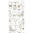 A sheet of nature-themed sketch art featuring detailed botanical and animal illustrations, including butterflies, birds, ferns, mason jars, flowers, and handwritten notes in muted gray and brown tones on a white background.