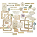 A flat lay of vintage-style scrapbook paper and embellishments with botanical and nature-themed designs, including labels, frames, leaves, flowers, birds, and eggs on a white background.